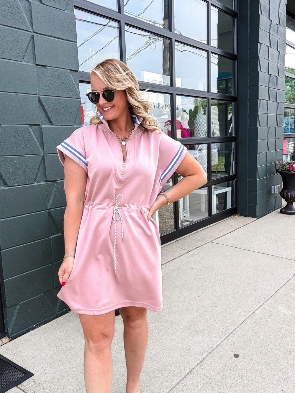 She + Sky Pink Polo Drawstring Mini Dress with Contrast Trim